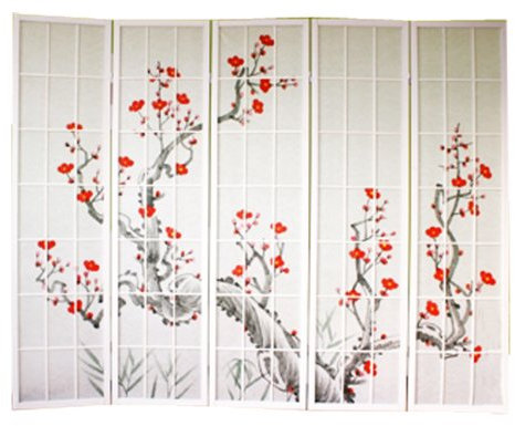 PEGANE Paravent Japonais Fleur de Cerisier en Bois Blanc de 5 pans, L220 x H175 x P2 cm
