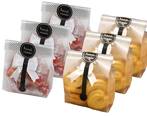 SAILING-GO 100 pcs./Pack Translucent Plastic Bags for Cookie,Cake,Chocolate,Candy,Snack Wrapping Good for Bakery Party with Stickers