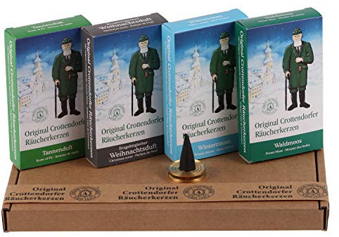 Crottendorfer Räucherkerzen - Winterdüfte: Tannenduft, Erzgebirgischer Weihnachtsduft, Wintertraum und Waldmoos - in Geschenkverpackung mit Messingschale (4 x 24 Stück)