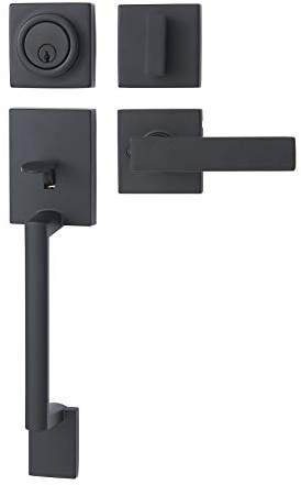 Amazon Basics Front Door Lock Set, Handleset with Stamford Lever, Level Door Handle, Exterior, Single Cylinder Packs, Matte Black, 1-Pack