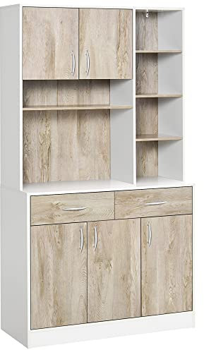 HOMCOM Mueble Buffet despensa Cocina, Puertas cajones y Compartimentos Abiertos, 100 x 39 x 180 cm, Blanco y Madera