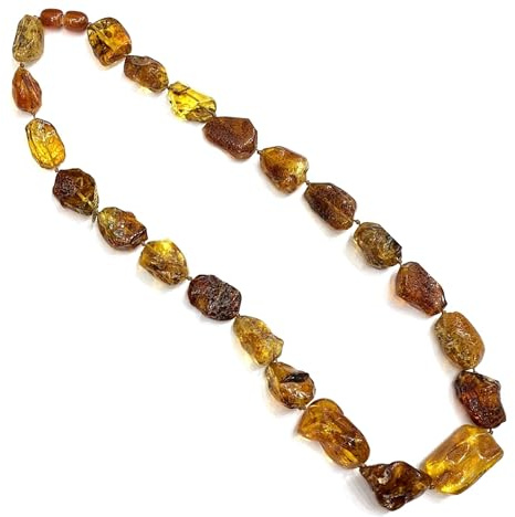 Collana in ambra con pietre irregolari, semi lucidate, 55 cm, colore caramello, vera ambra baltica; collana in ambra, lavorata a mano, Ambra, Ambra