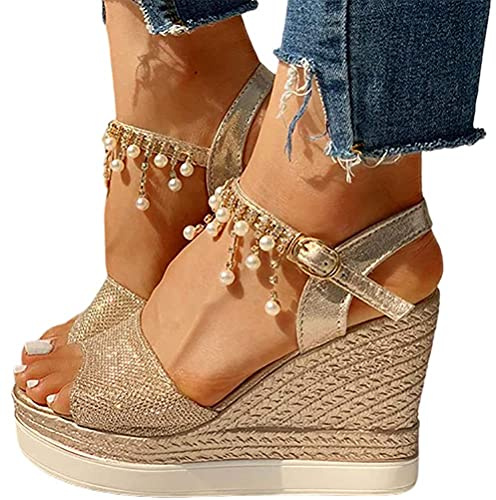 Onsoyours Mujer Zapatos Sandalias con Cuña Tacón Plataforma Alta Moda Wedges Sandalias A Dorado 38 EU
