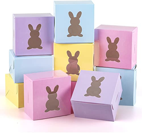 Whaline 24Pcs Easter Treat Boxes with Bunny Window 4 x 4 x 2.6 Inch Candy Colors Cupcake Cardboard Box Rabbit Cookie Goodie Candy Box Pastel Spring Easter Treat Gift Boxes for Holiday Party Favor