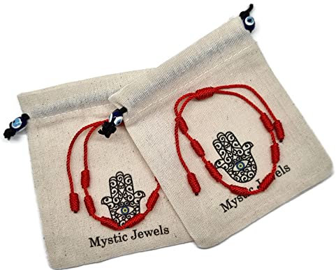 MYSTIC JEWELS By Dalia - Pulsera Kabbalah - cordón nudos de hilo rojo - unisex - ajustable - protección de mal de ojo, buena suerte, good luck (2 piezas)