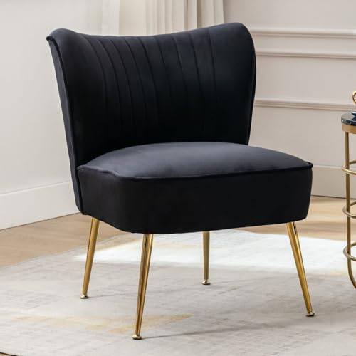chairus Sessel Wohnzimmer aus Samt, Gepolsterter Relaxsessel mit Metallbeinen Einzelsofa, Akzentstuhl Loungesessel für Schlafzimmer Wohnzimmer Balkon, Schwarz