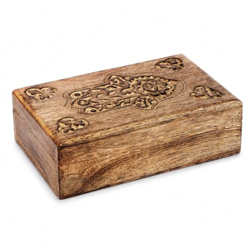 Ajuny Scatola Decorativa in Legno Intagliata a mano con Intagli di Hamsa - Uso Multiuso come Contenitore per Gioielli, Portaoggetti o Scatola per Orologi Ideale come Regalo