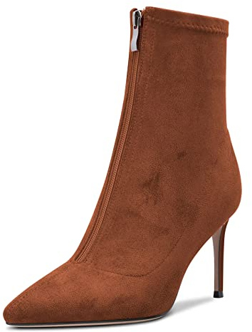 Castamere Femmes Aiguille Haut High Talon Heel Fermé Pointu Bout Bottines 8.5 CM Heels Slip-on Fermeture à Glissière Classique Cute Chaussures Marron 41 EU