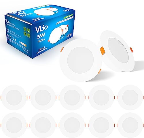 Vlio LED Recessed Ceiling Lights Ultra Slim 5W LED Downlights for Ceiling, 3000K Warm White, 460LM, 75mm Ceiling Hole, IP44 Round Spotlights for Bathroom Kitchen Living Room, 10 Pack
