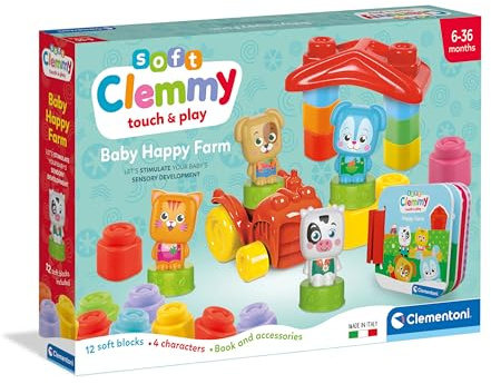 Clementoni Soft Clemmy - Touch & Play, Baby Happy Farm, Fattoria Sensoriale, Play Set Prima Infanzia Made in Italy Bambini 6-36 Mesi, Mattoncini 100% Lavabili, Gioco per Sviluppare la Manualità, 17884