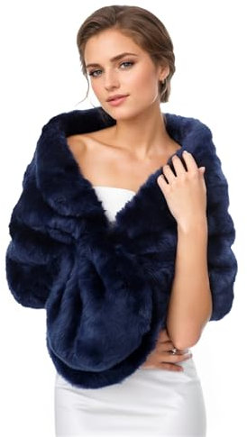 Lifup Women's Faux Fur Wraps and Shawls, Winter Bridal Wedding Fur Stoles Scarf for Bride and Bridesmaids Navy blue