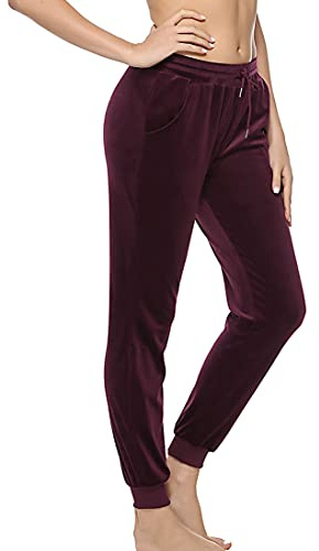 Aottori velour joggingbyxor dam nicki byxor långa sportbyxor varma dam fritidsbyxor sweatpants träningsbyxor joggingbyxor dambyxor, Vinröd, M