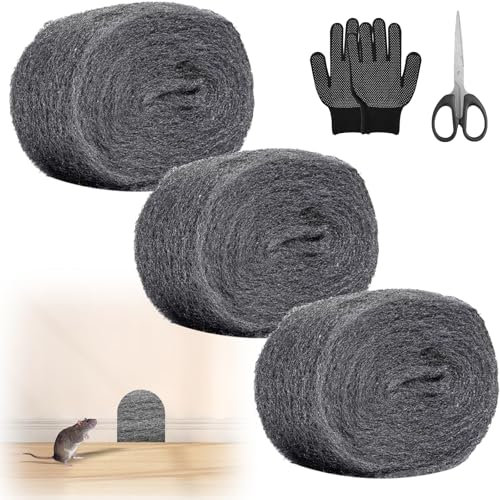5 Pieza Lana de Acero con Guantes Tijeras, 3 * 3 m Lanas de Acero Fina 0 textura media 110 g, Lana de Alambre Reutilizable, Lana de Acero para Abrillantar, Lana de Acero Contra Ratones Limpias las