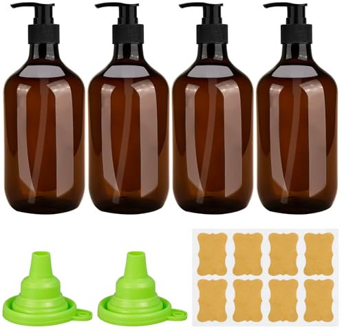 benlidoner 4 Pack Amber Soap Dispenser 500ml Liquid Soap Dispenser Refillable Hand and Dish Soap Dispenser for Kitchen & Bathroom Plastic Pump Bottle with Label Funnel