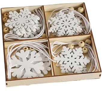 Kabwea 24 decorazioni a fiocchi di neve bianchi, decorazioni per albero di Natale, decorazioni natalizie, in legno, decorazioni natalizie (4 design)