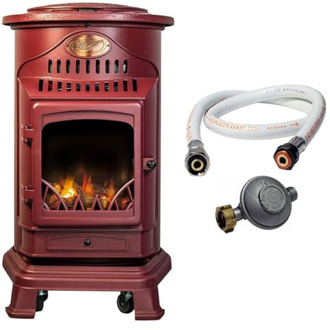 Universal - Poêle à gaz Provence 3,4 KW Rouge Effet poêle à Bois Fonte véritable Chauffage d'appoint + Tuyau gaz et détendeur