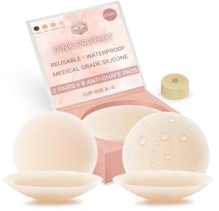 PINK PROTECT – Lot de 2 Paires de Cache-tétons en Silicone médical réutilisables + Miroir de Poche – 8 Paires de Patchs adhésifs Invisibles, Respirants, Confortables et lavables pour Femme