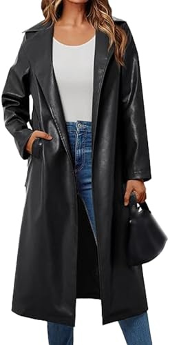 SEMATOMALA Women's Black Faux Leather Long Coat PU Leather Notched Lapel Trench Coat Open Front Maxi Jacket Overcoat BL-S