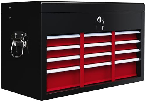 HOMCOM Cassetta Porta Attrezzi a 6 Cassetti con Serratura, Cassettiera per Attrezzi in Acciaio con Guide a Sfera e 2 Maniglie, 60x26x34 cm, Nero e Rosso