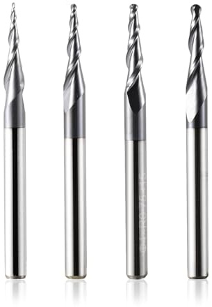 Lot de 4 fraises à tête sphérique à 2 flûtes avec pointe conique CNC R0,25 mm R1,0 mm 3,175 mm (1/8) Fraise en carbure de tungstène pour défonceuse avec revêtement TiAlN pour gravure 2D et 3D