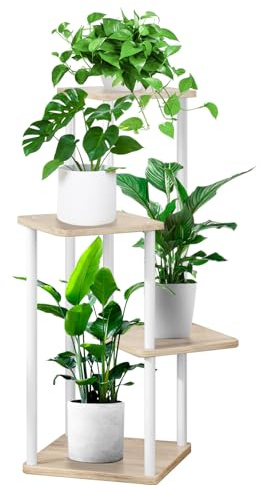 YOCOMEY 4-Tier Hölzern Blumenregal Pflanzenregal, Mehrstöckig Blumenständer Pflanzenständer Blumenbank Blumentreppe Pflanzentreppe Standregal für Innen Garten Balkon Deko(Weiß Eiche)