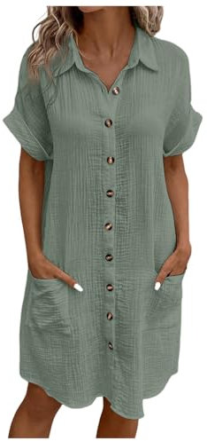 Musselin Kleid Damen Falten Leinen Sommerkleid Casual Revers Style Knopfleiste Knielang Strandkleid Baumwolle Einfarbig Kurzarm Kleid Luftige Sommer Blusenkleid Freizeitkleid mit Taschen