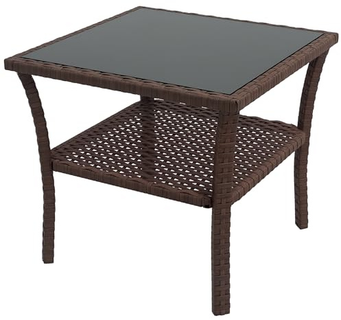 Outsunny Garten-Beistelltisch aus Polyrattan, 2 Ebenen, 50 x 50 x 45 cm, quadratischer Gartentisch mit Platte aus gehärtetem Glas, Struktur aus verzinktem Stahl, für den Außenbereich, Braun