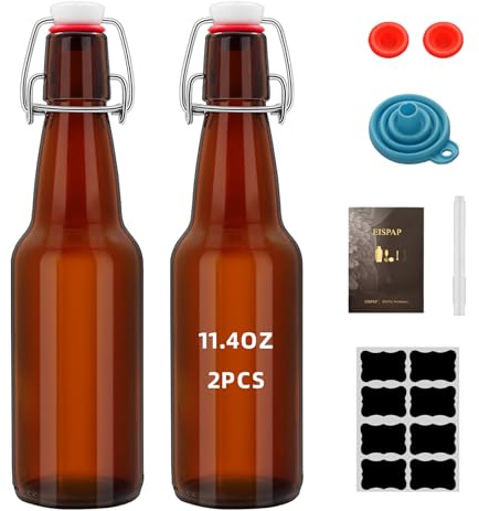 eispap 2Pcs Amber Beer Bottles with Flip Caps, 12oz Glass Bottle with Swinging Top for Airtight Lids, Home Brewing and Fermentation Kombucha, Vanilla Extract, Beverage, Water, Kefir