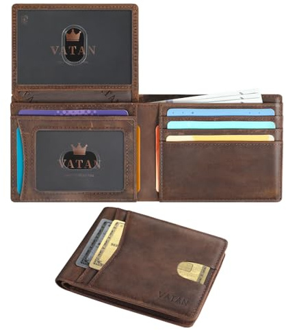 VATAN Portefeuille Homme, en Cuir avec Blocage RFID, 15 Emplacements pour Cartes, 2 ID & Photo Window, 2 Compartiment à Billets, Portefeuille pour Homme avec Boite Cadeau (Cuir Café)