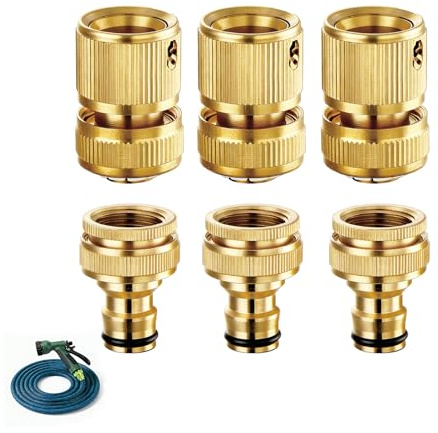 Conectores de Manguera de Jardín de Latón Macizo - Juego de 6 Adaptadores de Rápida Conexión de 1/2 Pulgada - Resistentes a la Corrosión y Alta Presión - Accesorios de Jardinería Duraderos