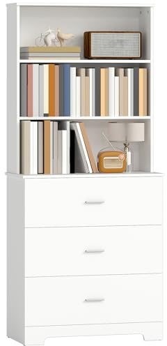 HOMCOM Libreria Scaffale Alta 182.2 cm a 3 Ripiani Aperti e 3 Cassetti, Libreria Verticale Salvaspazio, Mobile Portaoggetti in Legno per Soggiorno, Camera da Letto, Studio e Ufficio, Bianco