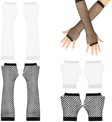 TRKETK 4 Pairs Mesh Gloves Short and Long Fishnet Gloves Elastic Fingerless Net Mesh Retro Vintage Fashion for Halloween Theme Parties Dance 80s Women's Costume Accessories (2 Colors)