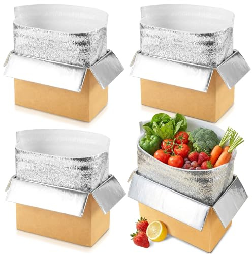 Convivium 4 Pack Insulated Shipping Boxes with Foil Liner Bags, Reusable Thermal Cooler Mailing Cartons for Cold Pack Shipping, Hot & Frozen Food Delivery, 12''x5.5''x7.5''