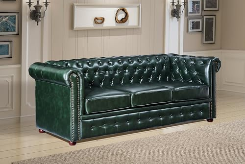 UK Leisure World chesterfield ox red blood red two seater sofa 3 2 1 faux leather set suites settee twin armchair brown (Antique green three seater sofa)