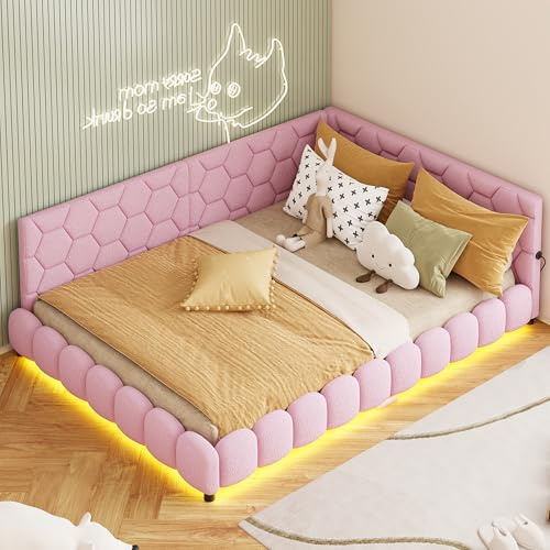 KOOPMAD Lit rembourré 140 x 200 cm avec LED, lit double avec USB, lit simple, lit pour adolescent, 140 x 200 cm, lit d'appoint, canapé, lit de jour, cadre de lit avec sommier à lattes, peluche, rose