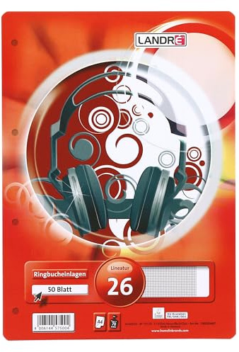 LANDRE 100050487 - Fogli per raccoglitore ad anelli, formato A4, 50 fogli a quadretti, con bordo bianco, 70 g/m², angoli arrotondati forati, inserto di carta perforata