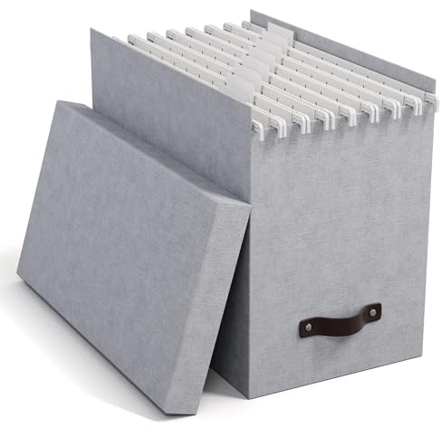 Bigso Box of Sweden Contenitore per documenti con coperchio – Raccoglitori da scrivania con 8 cartelle sospese – Raccoglitori documenti in fibra di legno e carta – grigio
