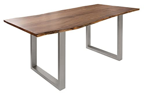 MASSIVMOEBEL24.DE Baumtisch Akazie Freeform 3 - Verschiedene Größen, Gestelle und Farben, Farbe:Natur lackiert, Größe:140x90 cm, Gestell:U-Beine Silber matt