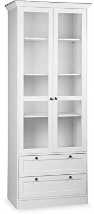 AVANTI TRENDSTORE - Lando - Vetrina, in legno laminato di colore bianco con 2 ante in vetro e 2 cassetti, con cornice superiore e con pomoli in metallo. Dimensioni: LAP 80x200x45 cm