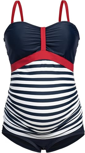 Herzmutter moderskap tankini moderskap badkläder - tvådelad baddräkt för gravida kvinnor - bandeau tankini set - randiga prickar - överdimensionerade - UV-skydd 50-7000 (Blå-Vit-Randig, S)