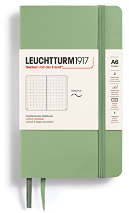 LEUCHTTURM1917 363952 Notebook Pocket (A6), mjukt omslag, 123 numrerade sidor, salvia, prickad | 123 numrerade sidor med innehållsförteckning, 2 läsband, vikväska, trådhäftning, syrafri