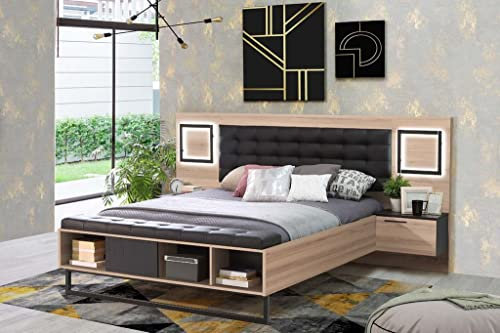 Forte Sirius Crown Bett + 2 Nachtkommoden mit 1 Tür und 2 Schubladen, Holzwerkstoff, Comano Pflaume/Schwarzeiche, B x H x T: 266,8 x 119,7 x 234,5 cm