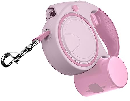 Ultra Pink Extendable Dog Lead 5m with LED Light & Waste Bag Holder Poo Bag Dispenser Strong Retractable Leash for Large Dogs, Long Training Lead for Small Medium Large Dogs Flexi Dog Leads Reflective