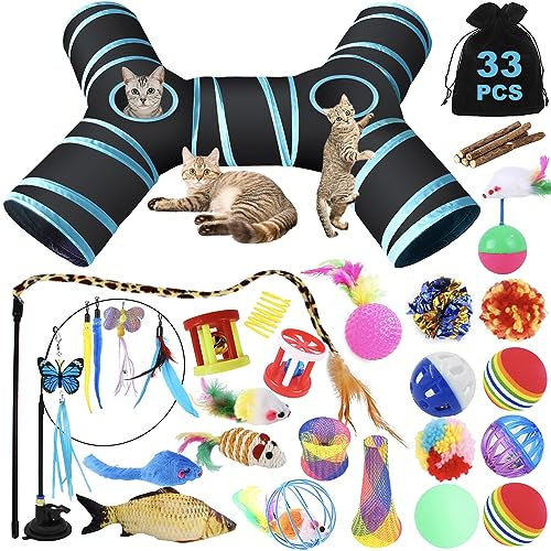 TAVADA 33 pcs Katzenspielzeug Set mit Katzentunnel,Katzenspielzeug mit Katzentunnel,Kätzchen Maus Spielzeug Set,Katzen Spielzeug,Plüschspielzeug,Federspielzeug für Kitty Katzen