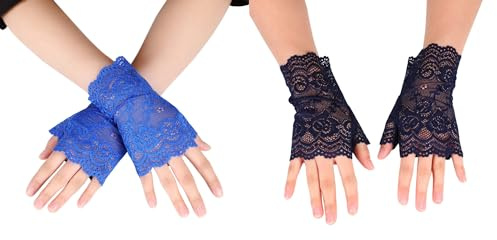 Whakano dam fingerlösa spetsar handskar, korta bröllopshandskar, korta skurna fingerlösa handskar kvinnor flickor brud, för halloween, bankett, fest, bröllop, te party tillbehör, Kungsblå, marinblå,