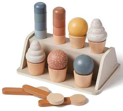 FLEXA Eisladen Kinder Holz | Eisdiele für Rollenspiele mit Einkaufsladen | Montessori Spielzeug ab 2-3 Jahre | Kaufladen & Kinderküche Zubehör | Kaufmannsladen & Spielküche Zubehör für Jungen Mädchen