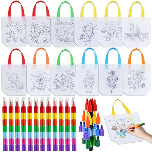 Delsen DIY Kinder Stoffbeutel Set, 12 Stück Stoffbeutel zum Bemalen für Kinder und 12 Stück Stapelbare Wachsmalstifte(7 Farben in 1), Non-Woven kinder stoffbeutel set für kindergeburtstag