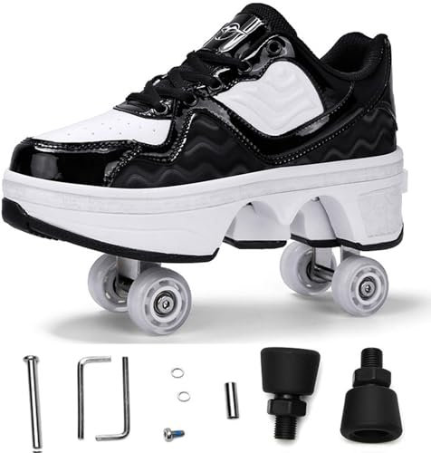 Outdoor Skates, Schuhe mit Rädern, Kick Roller Schuhe Skates Einziehbare Erwachsene,2 In 1 Parkour Schuhe, Skate Schuhe,Negro-34 EU