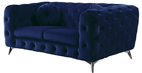 Luxury Classic Chesterfield Button Tufted Fabric Upholstered Armchair Loveseat Couch Furniture with Square Arms and Chrome Metal Legs for Home Office Living Room (Purple Loveseat) (Blue Loveseat)