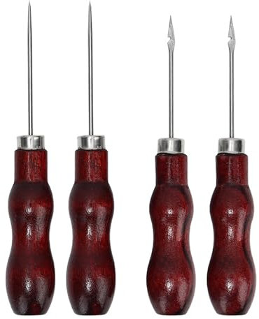 Hezhou 4 Stück Ahle Werkzeug Tuch Stitching Nähen Massivholz-Griff bohrbarem Ahle Vorstecher Mit Holzgriff Ahle für Leder Werkzeuge Nähahle Prickelnadeln Spicknadel Prickelnadel (bräunlich)